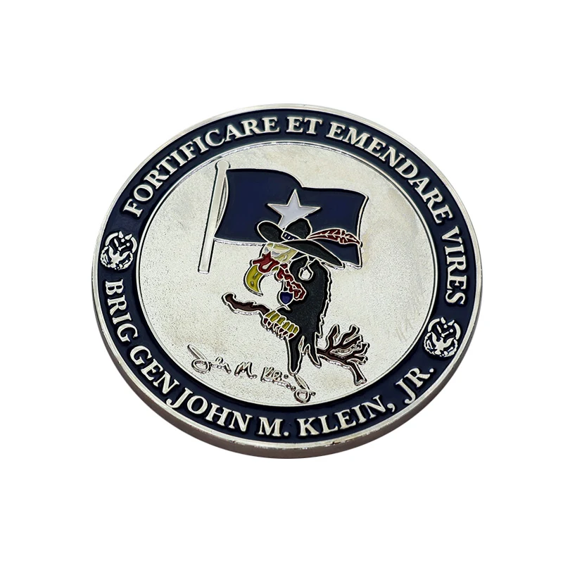 Side view of a Navy challenge coin showing the pin back and rubber stopper