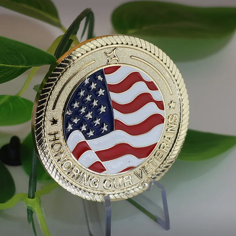 Close-up of soft enamel colour and raised die struck detail on a US flag challenge coin