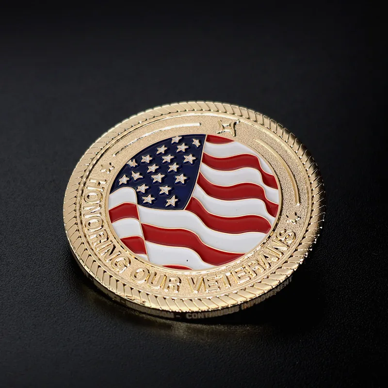 Custom polished gold US flag challenge coin with soft enamel fill and pin back