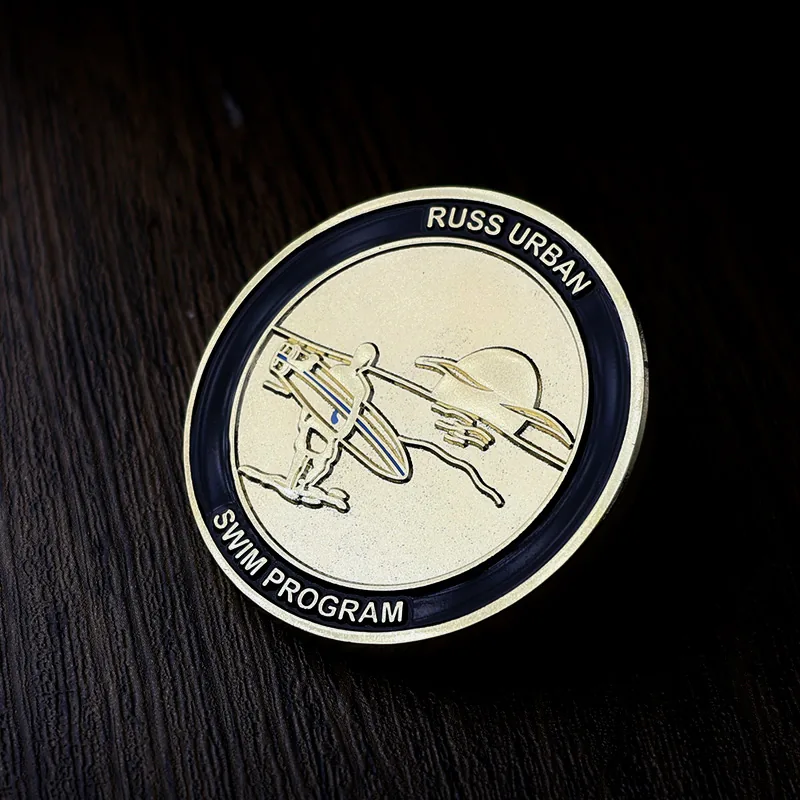 Reverse side of a custom 3D challenge coin with engraved logo and gold finish