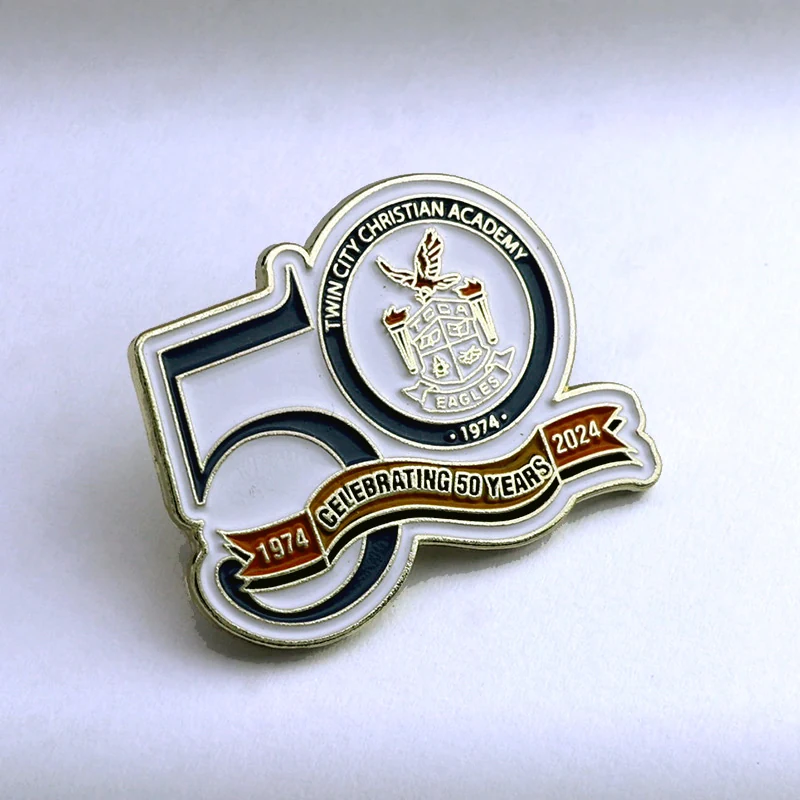 Custom red white and blue 50th anniversary lapel pin with polished gold plating and soft enamel fill