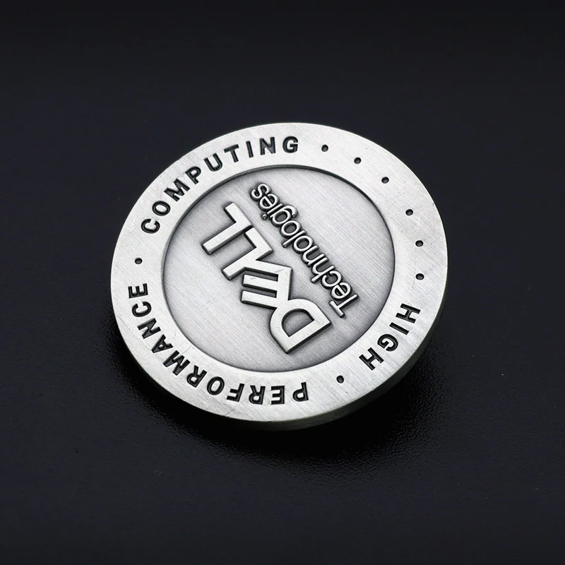 Close-up of the antique silver finish and die struck relief on a challenge coin