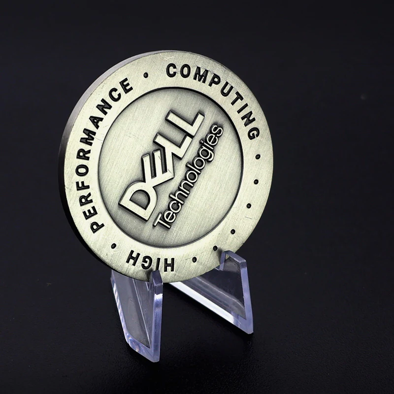Set of custom antique silver challenge coins with different designs and attachments