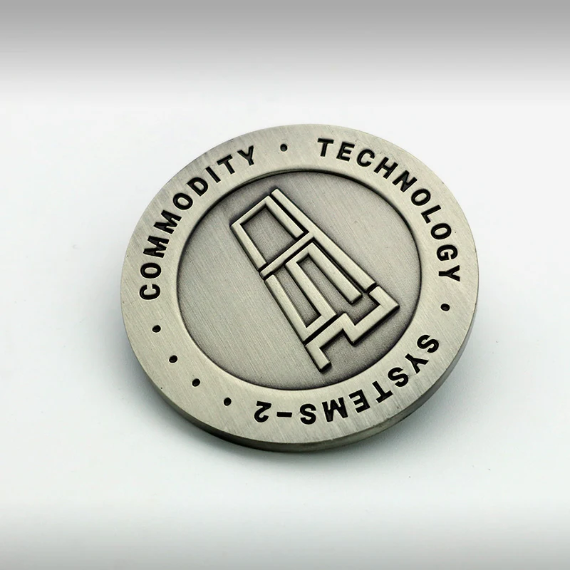 Custom antique silver challenge coin with detailed emblem and text, no enamel fill
