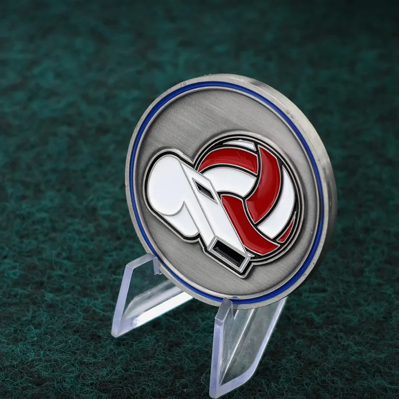 Reverse side of a custom football challenge coin with team logo and engraved details