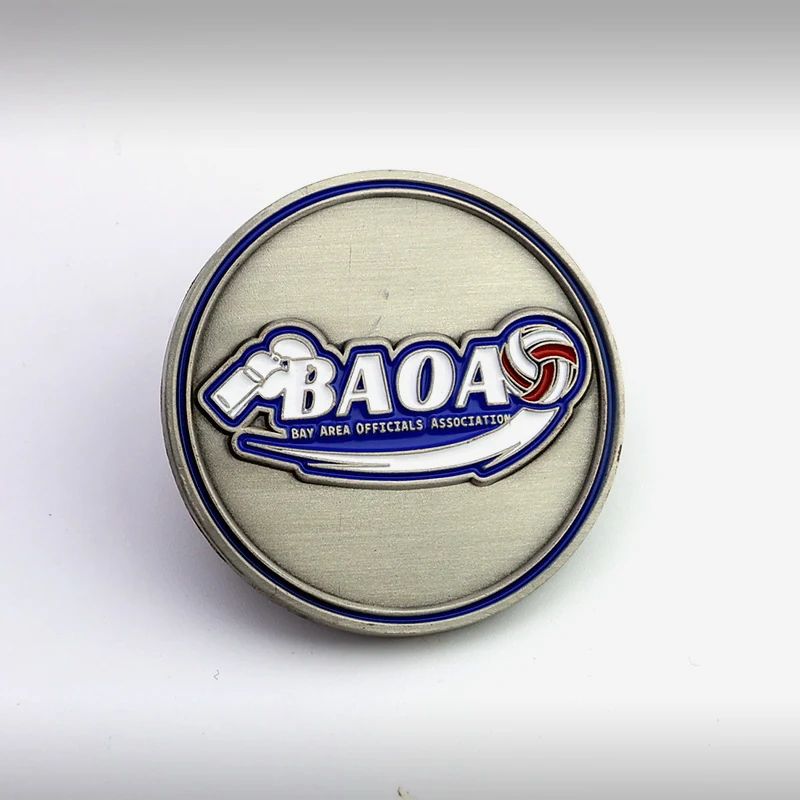 Custom football challenge coin with red white and blue enamel on a polished gold finish