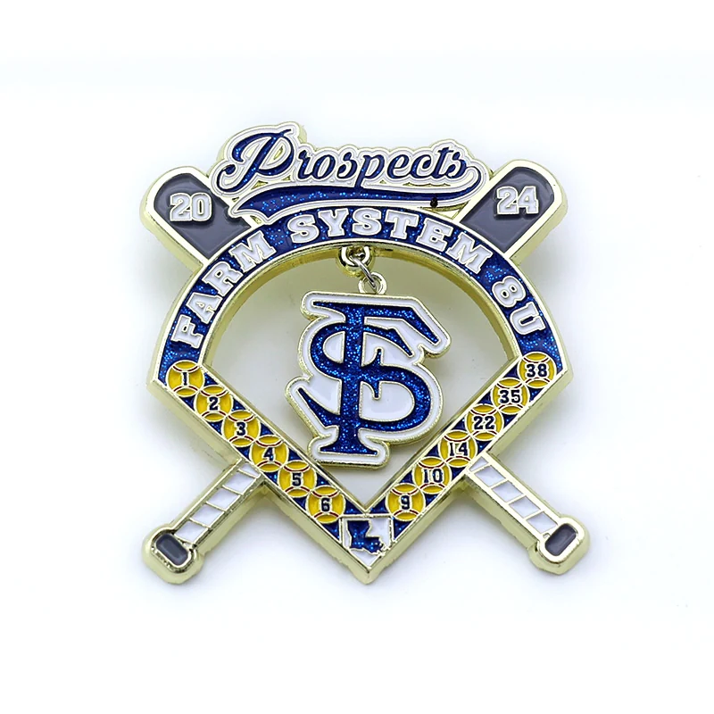 Side view of a custom baseball lapel pin showing the enamel fill and pendant loop