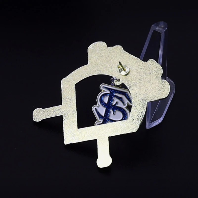 Detail of the metal pin back and loop on a custom baseball lapel pin