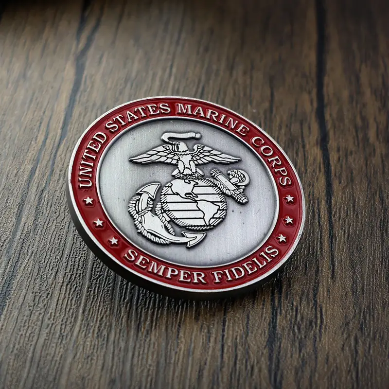 Close-up of the die struck naval markings and antique silver finish on a challenge coin