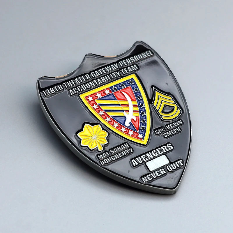 Custom naval shield badge with blue and white enamel on a polished gold finish, die struck with unit insignia
