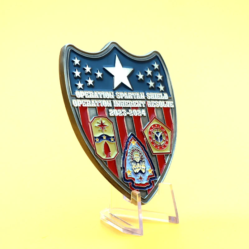 Close-up of a custom naval shield badge with epoxy dome finish and safety clasp