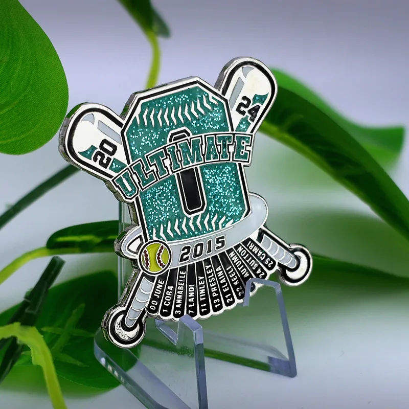 Close-up of the glittered enamel detail and silver plating on a baseball pin