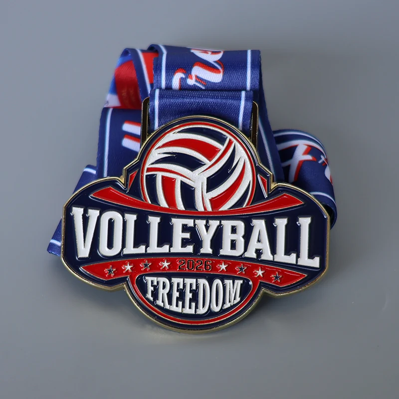 Reverse and ribbon detail of a custom die struck volleyball award medal