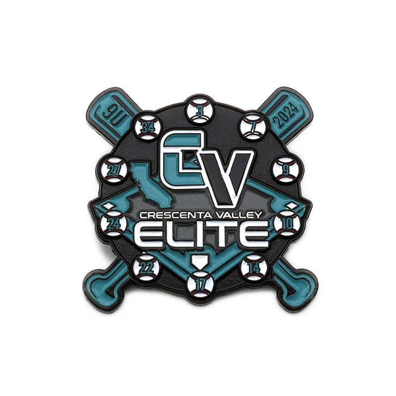Detail of pin back with safety clasp and attachment mechanism on black metal lapel pin