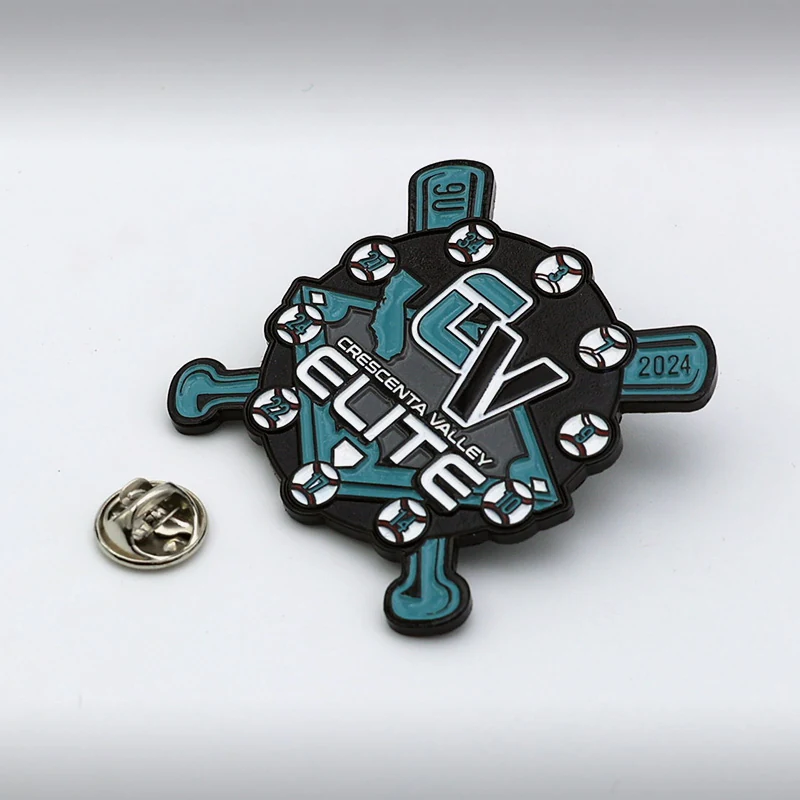 Black metal baseball trading lapel pin with team logo and season branding, soft enamel fill, polished gold plating