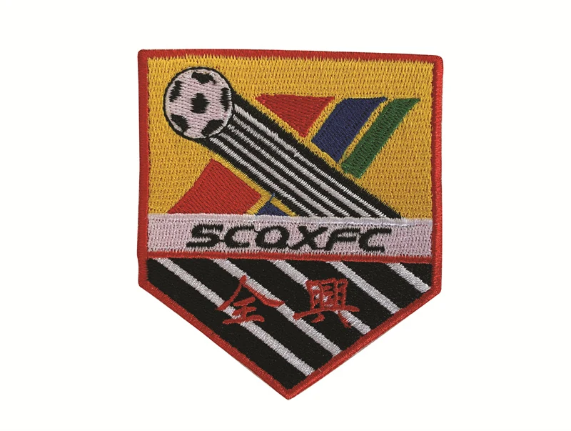 Custom embroidered football patch with team logo and colours, featuring a clean package edge finish