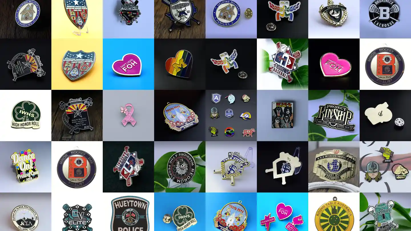 Wall of custom enamel lapel pins medals and patches produced for customers