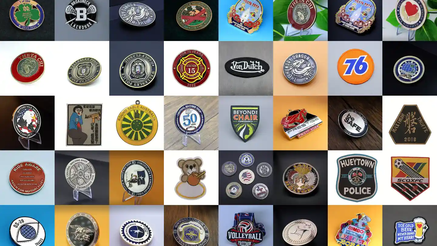 Selection of custom challenge coins in gold silver and antique finishes
