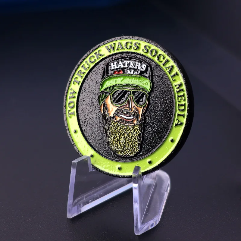 Close-up of the front face of a custom challenge coin showing the raised portrait and soft enamel fill