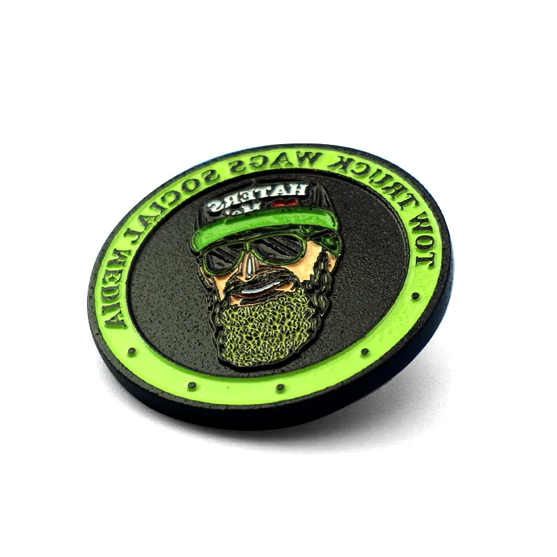 Custom challenge coin with a detailed individual head portrait in red white and blue enamel, polished gold finish, and pin back