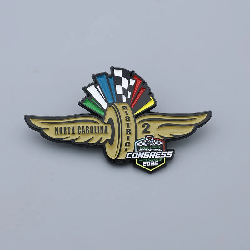 Custom gold enamel lapel pin for Little League 2026 Indianapolis Congress - North Carolina District 2 Edition with red white and blue enamel and butterfly pin back