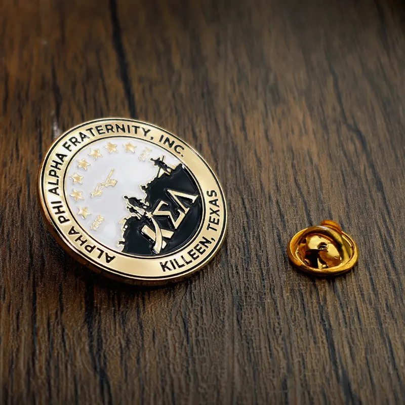 Detail of the pin back and enamel fill on a custom round star lapel pin