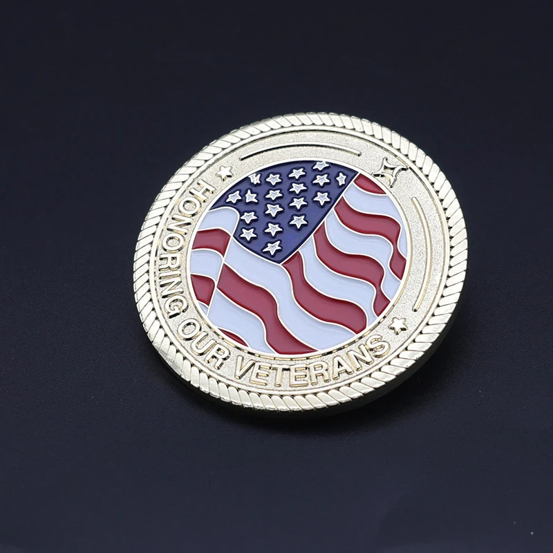 Set of custom challenge coins in different finishes: polished silver, gold, and antique