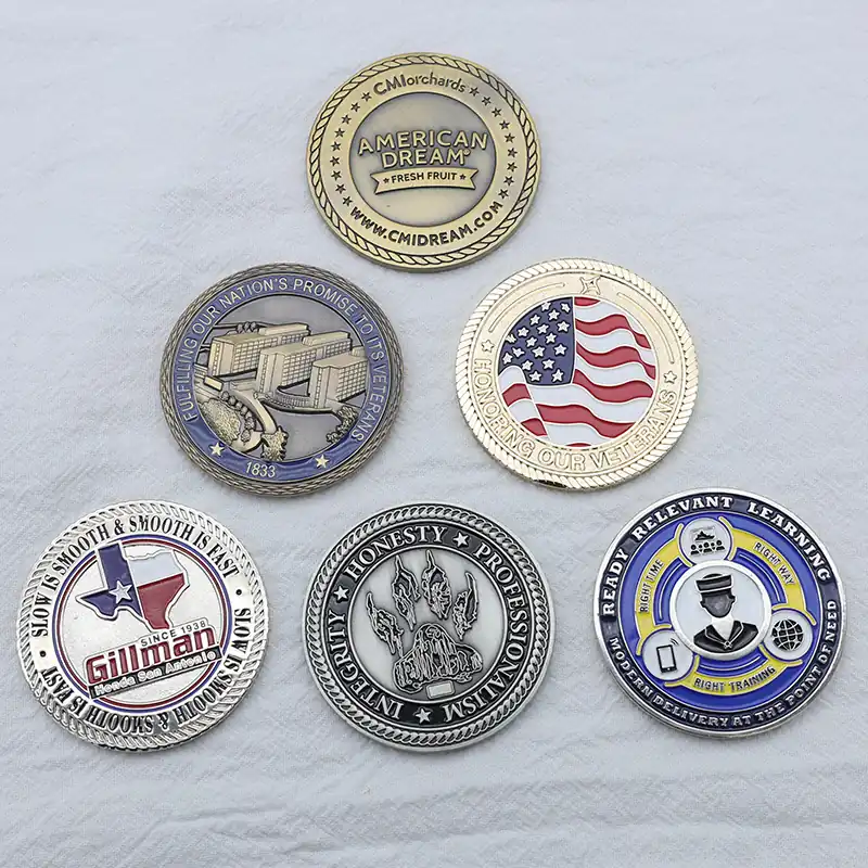 Custom silver challenge coin with red white and blue enamel, showing detailed die struck design and polished finish
