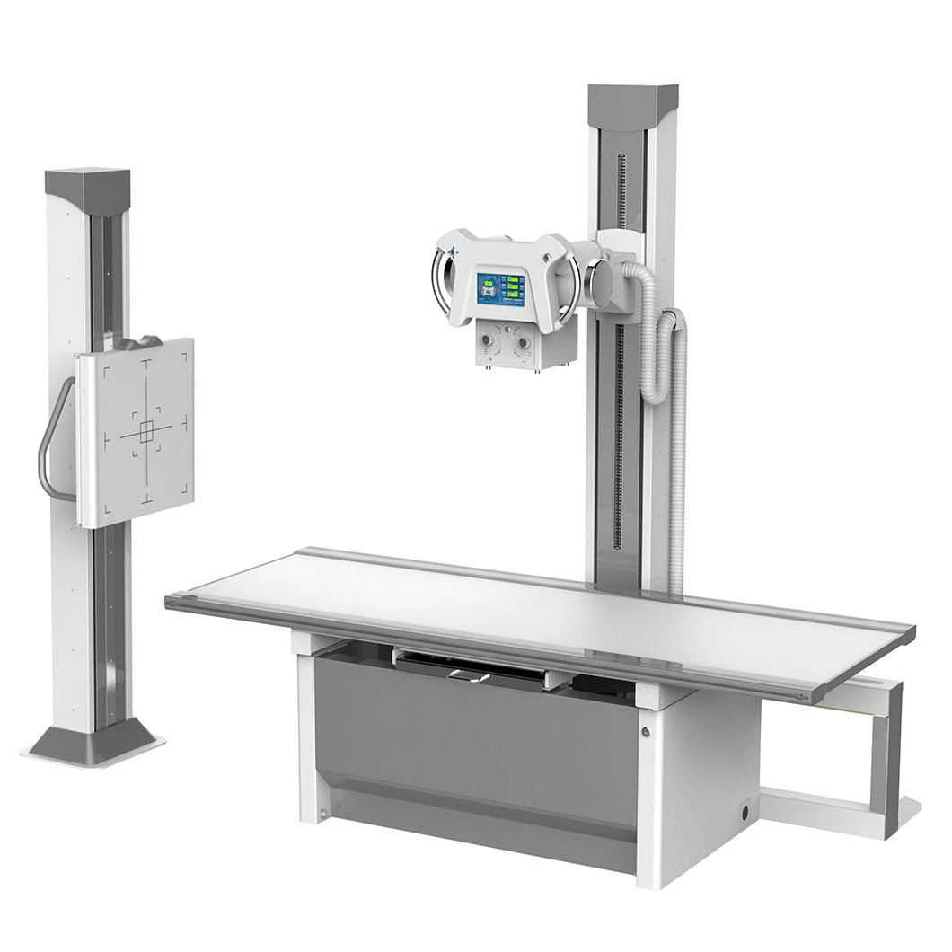 Bed type X ray machine with patient table and tube column