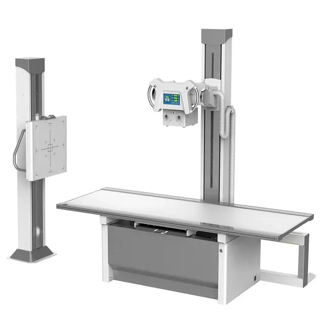 Bed type X ray machine with patient table and tube column