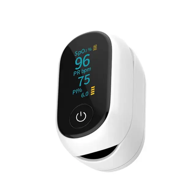 Fingertip pulse oximeter with OLED display showing oxygen saturation