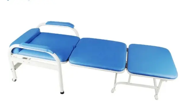 Folding accompany chair opened into a flat bed with padded cushions