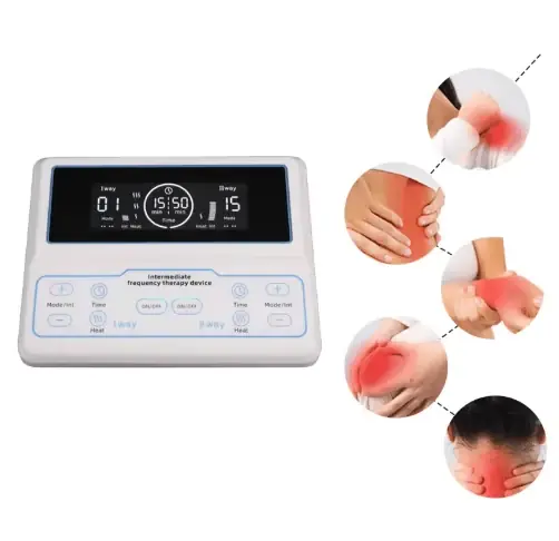 Intermediate frequency pulse physiotherapy device with electrode pads