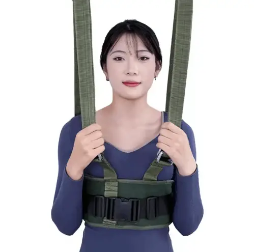 Lumbar traction belt fitted around the waist for spinal decompression