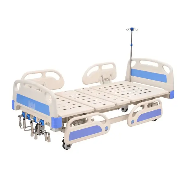 Manual nursing bed with backrest raised and guardrails fitted