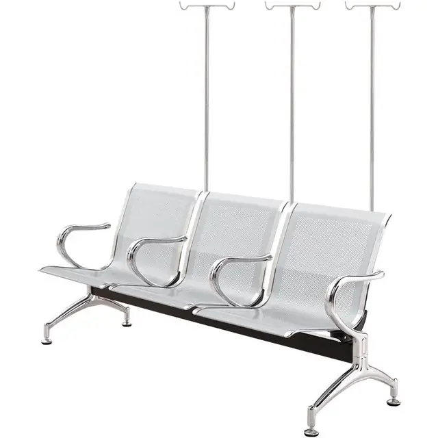 Infusion row chair with stainless steel IV stand and padded armrests
