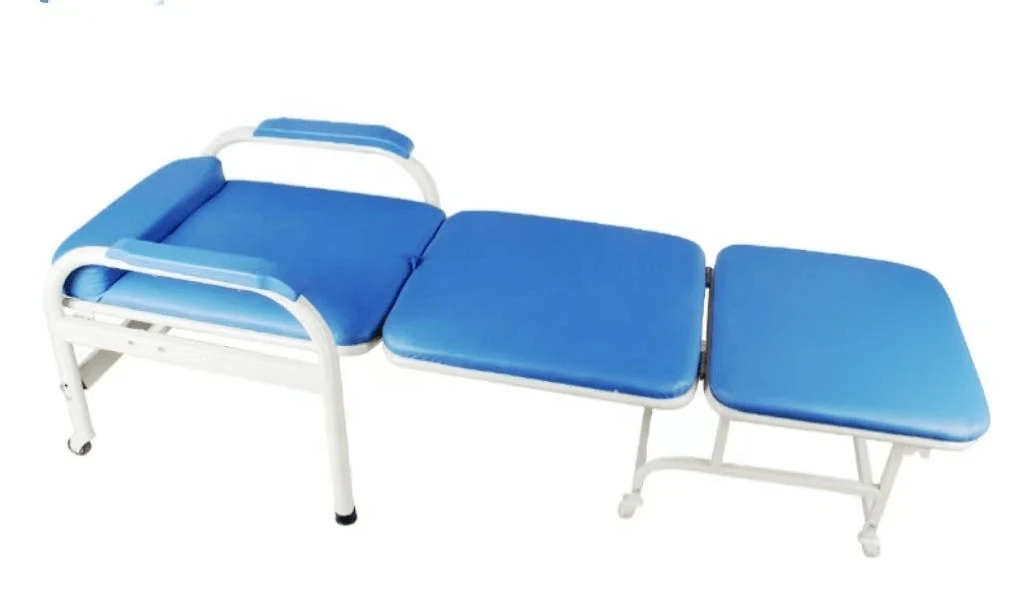 Folding accompany chair opened into a flat bed with padded cushions