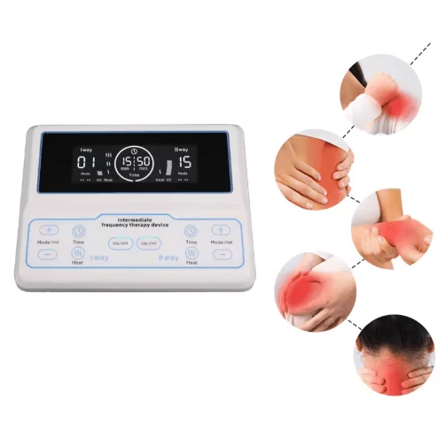 Intermediate frequency pulse physiotherapy device with electrode pads