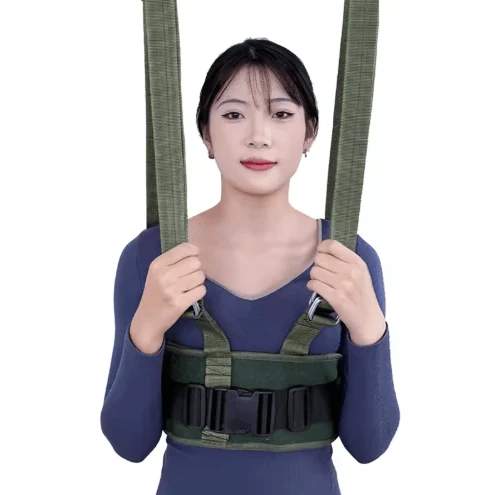 Lumbar traction belt fitted around the waist for spinal decompression