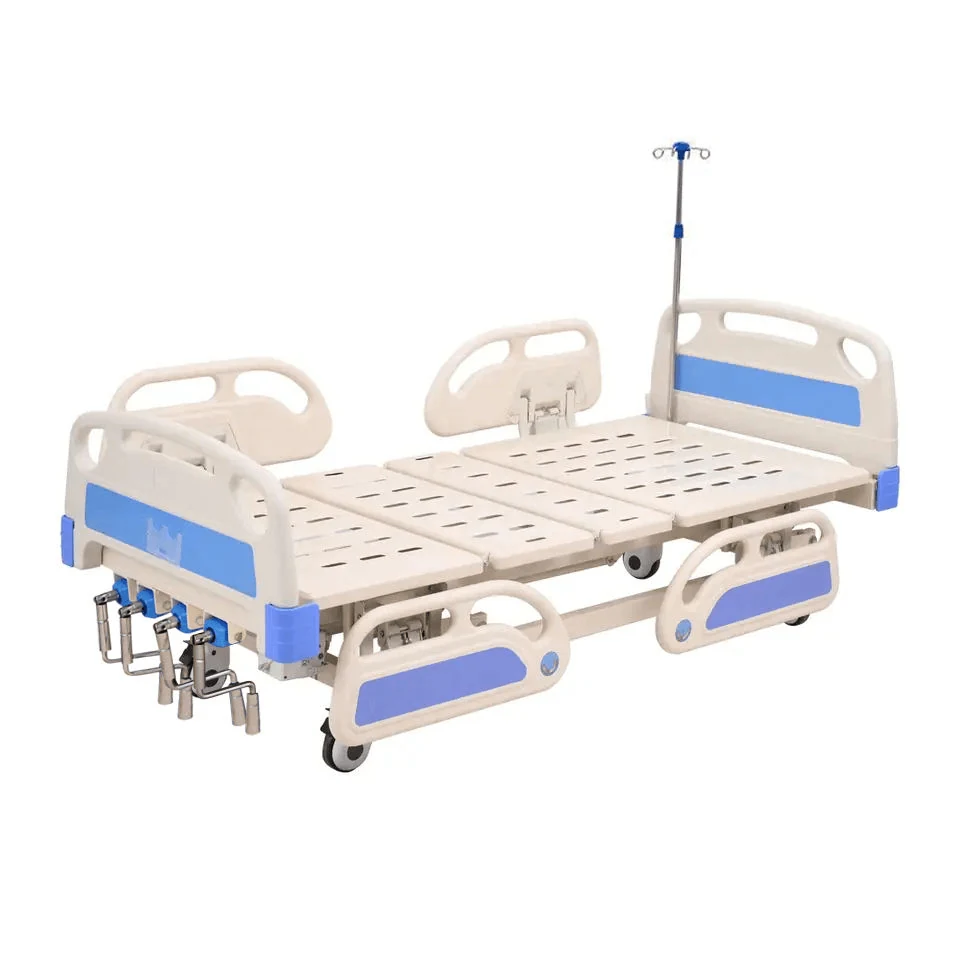 Manual nursing bed with backrest raised and guardrails fitted