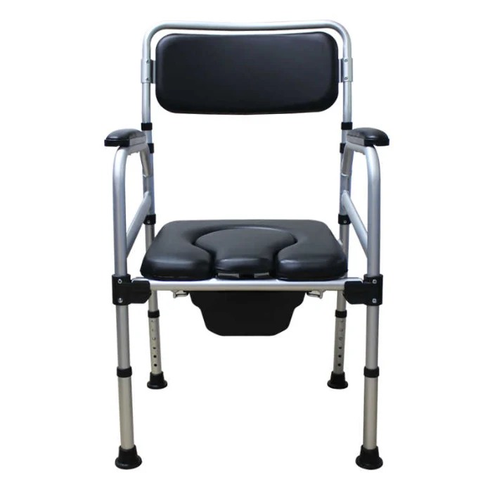 Commode chair seat height adjustment holes and locking buckle