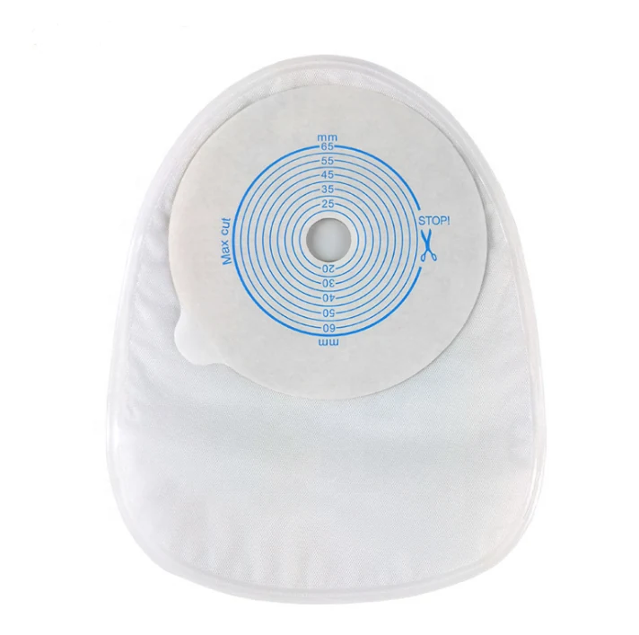 Ostomy bag with activated carbon filter and adhesive base plate
