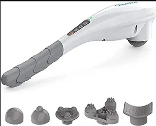 Handheld percussion massager with interchangeable silicone massage heads