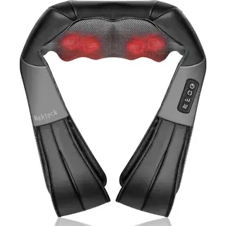 Wearable neck massager worn over the shoulders with adjustable arm straps