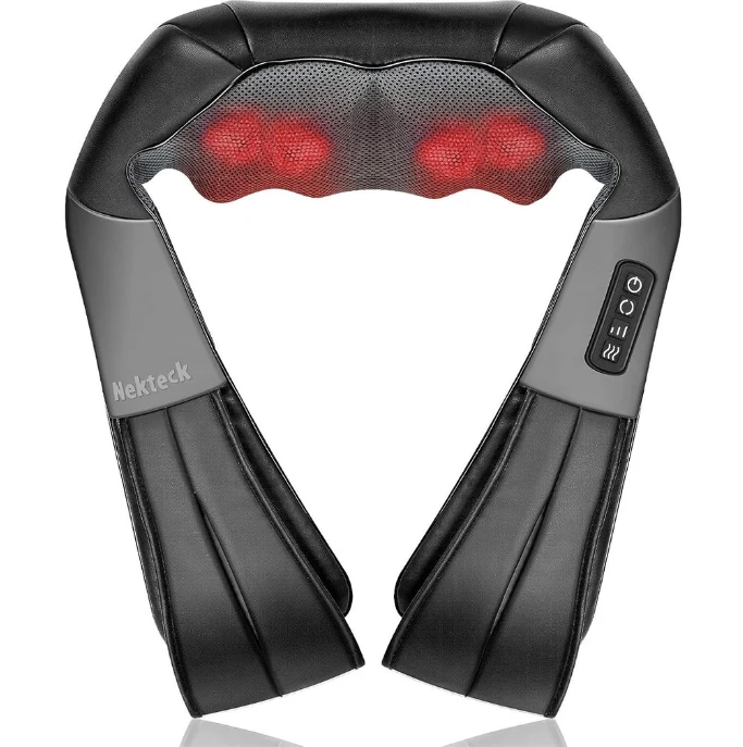 Wearable neck massager worn over the shoulders with adjustable arm straps