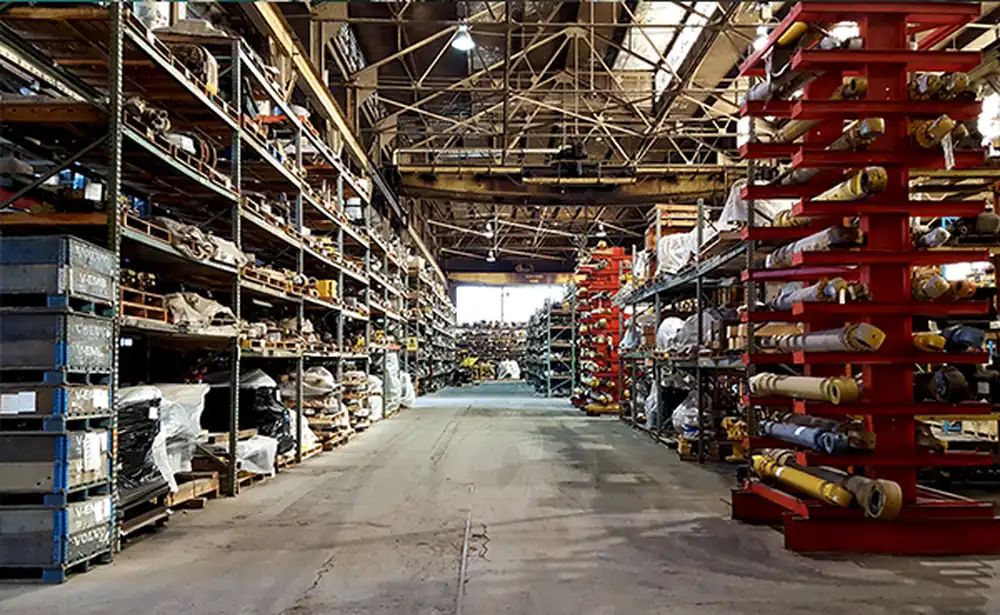 Parts warehouse at SEIMT Hydraulics holding hydraulic pump spare parts on racking