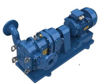 Blue rubber lobe pump with gearbox and motor mounted on a base