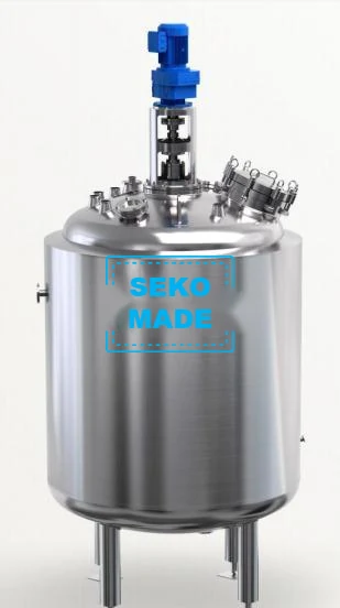 Stainless steel mixing tank with agitator drive and conical legs