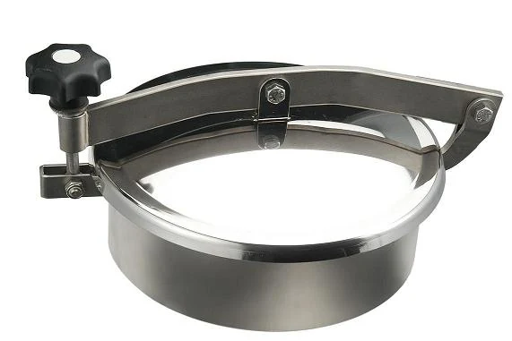 Stainless steel round manhole cover with eyebolts fitted to a tank