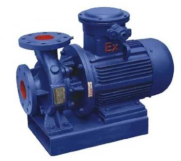 Horizontal oil pump with flanged connections mounted on a blue base frame